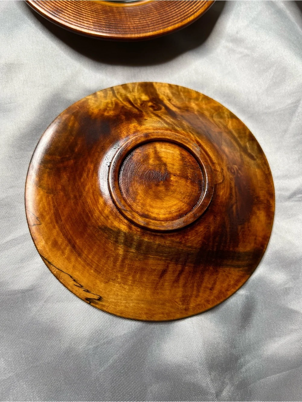 Japanese Hand-Turned Wooden Plates in Brown with Green & Red Inlay - Set of 9